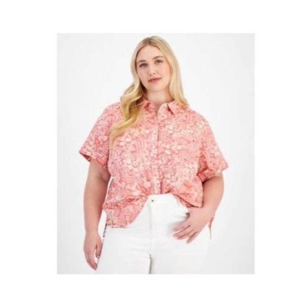 Tommy Hilfiger Womens Plus 0X Mineral Red Multi Printed Button Up Top NWT CI44
